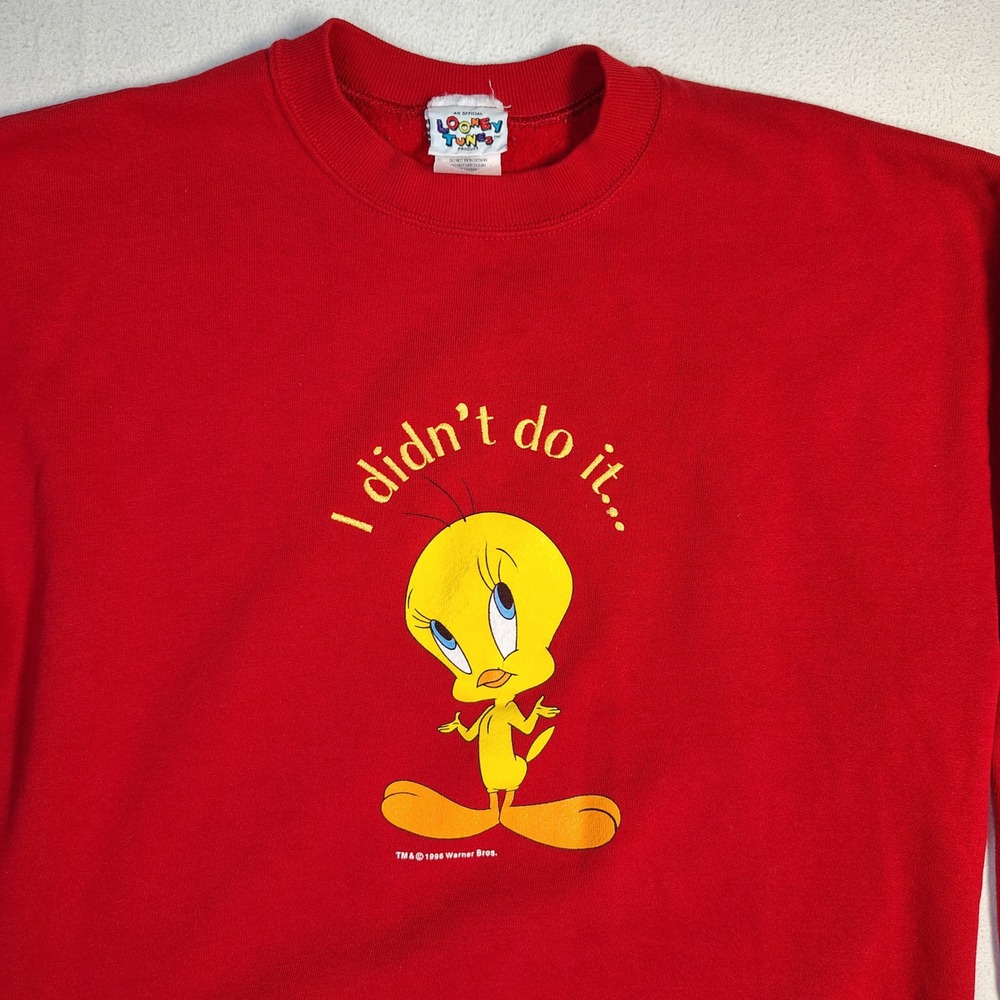 Vintage 90s Looney Tunes Sweatshirt Large Red Cotton Tweety Bird Made in USA - Picture 3 of 13